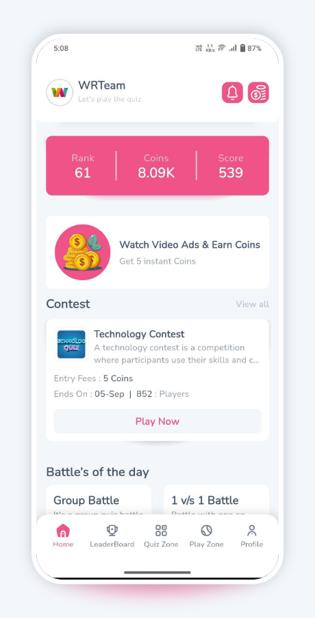 Elite Quiz — Player Home Dashboard website design by Mohammad Rakib