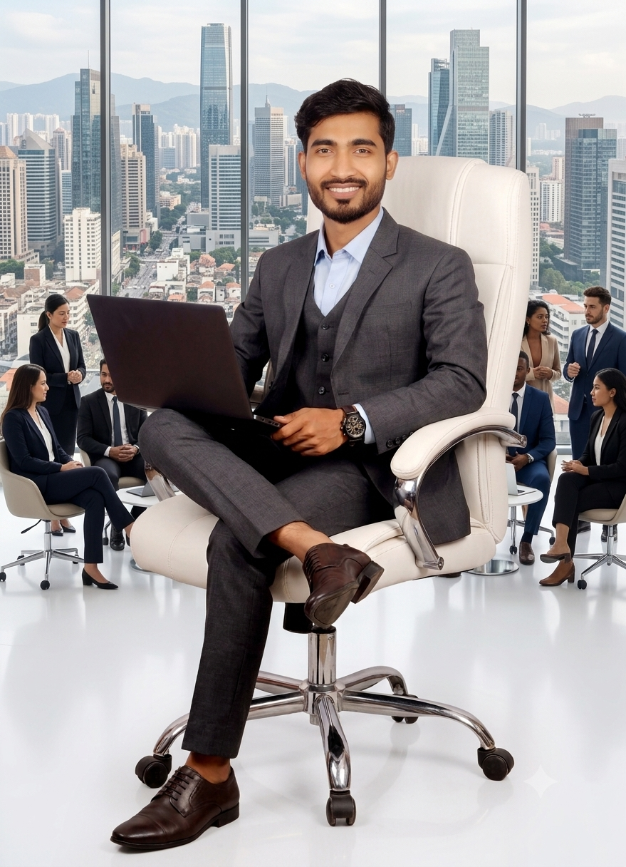 Mohammad Rakib working at his desk