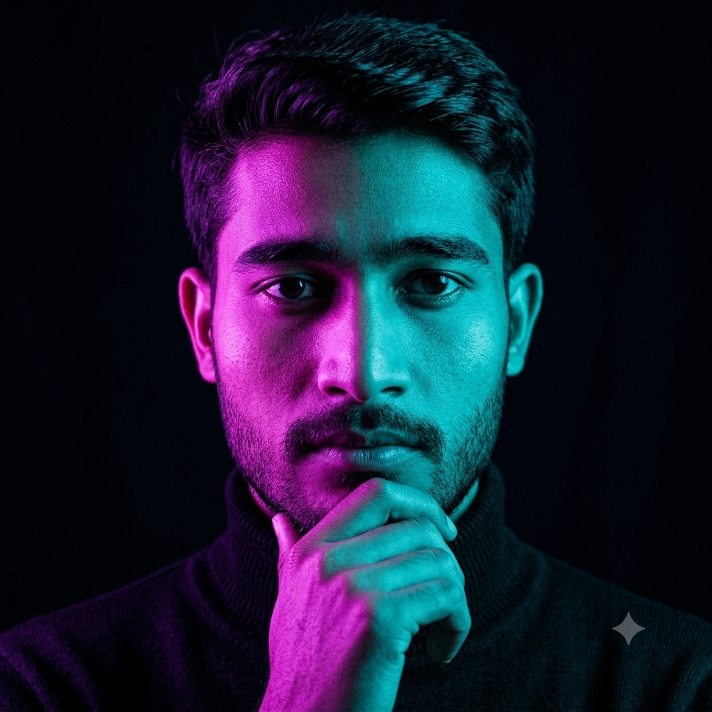Creative neon-lit portrait of Mohammad Rakib