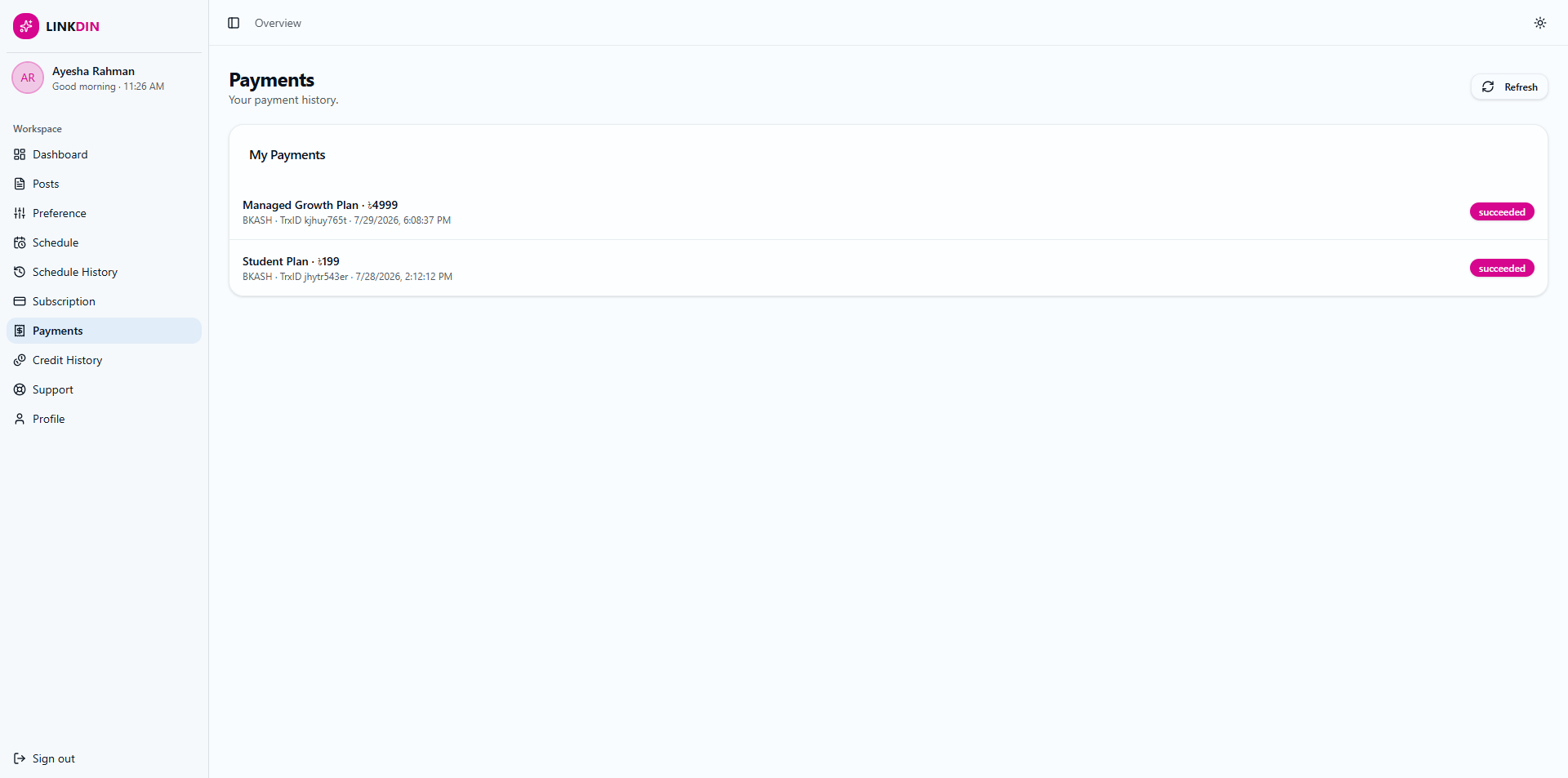LINKDIN — Payment History website design by Mohammad Rakib