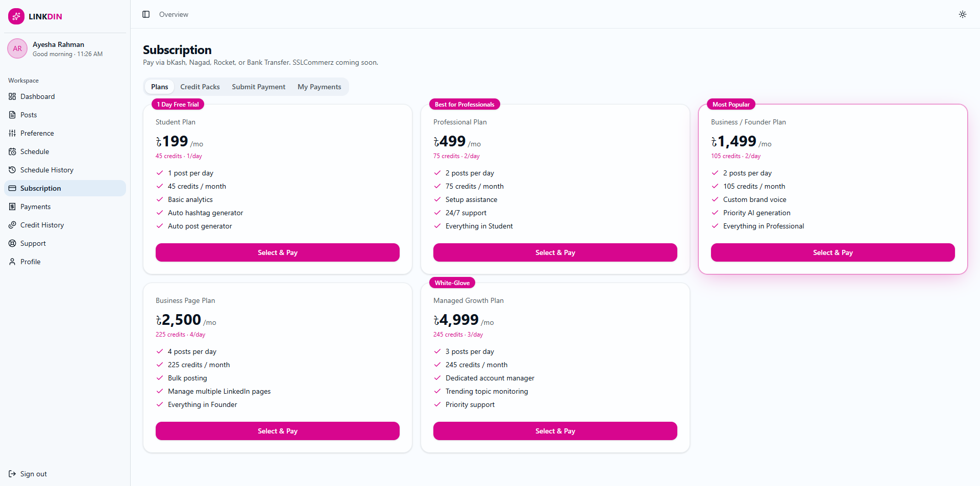 LINKDIN — Subscription Plans website design by Mohammad Rakib