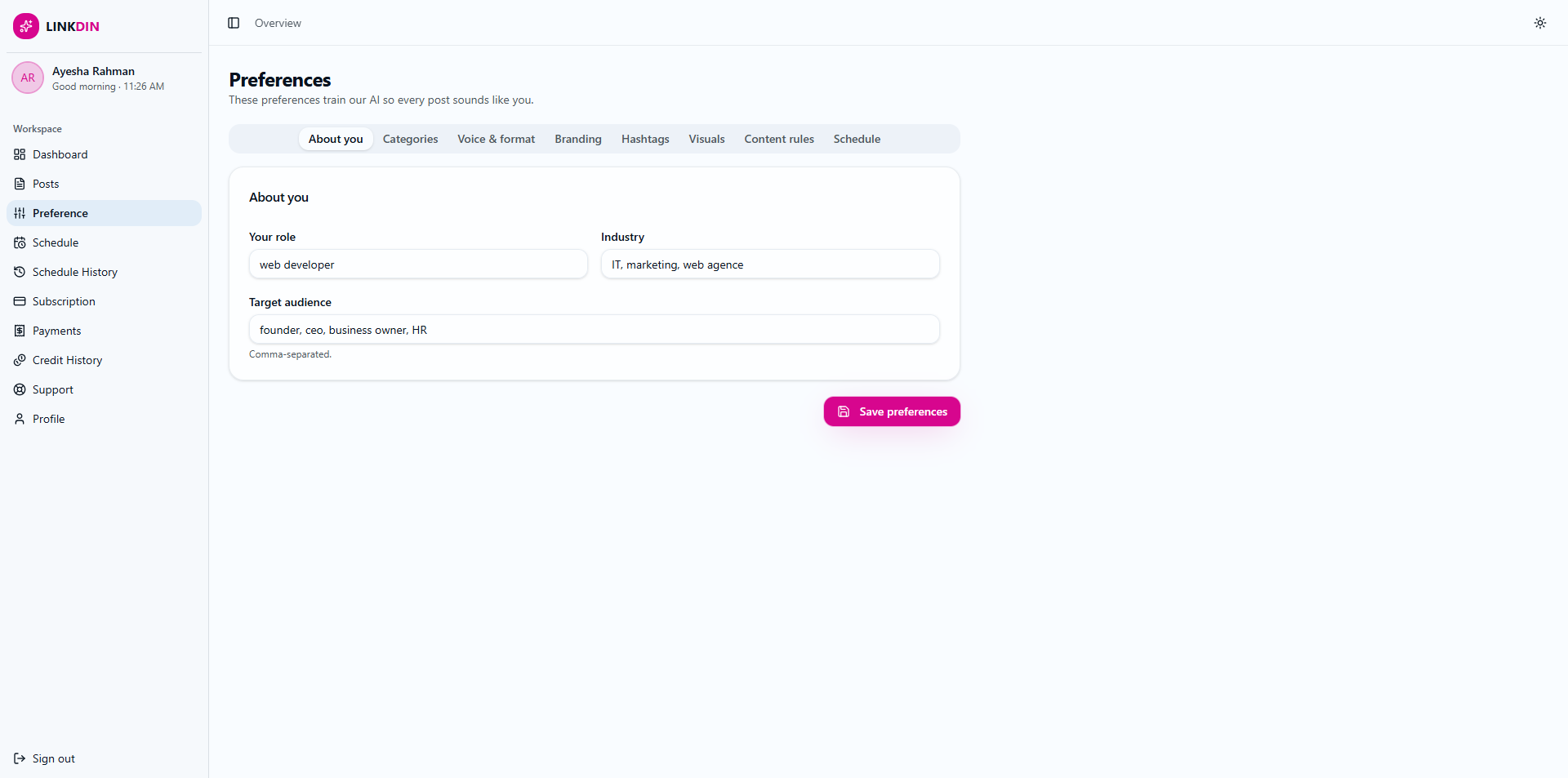 LINKDIN — AI Voice Preferences website design by Mohammad Rakib